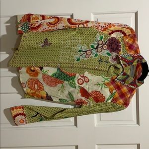 Long sleeve multi colored print button down shirt.